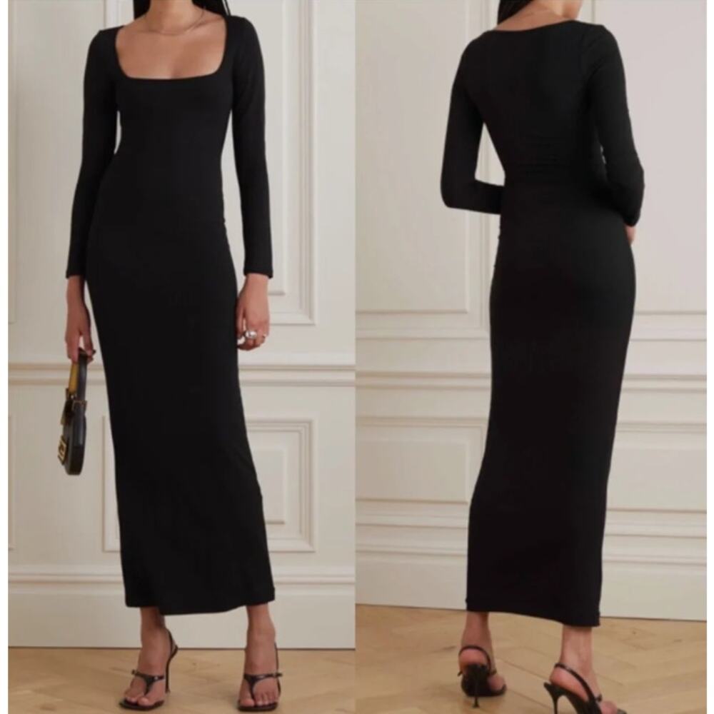 SKIMS Soft Lounge Long Sleeve Maxi Dress Scoop Neck Ribbed Bodycon Midi Black